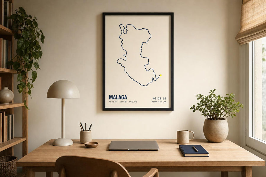 Escritorio de roble en un despacho en casa, con un cuadro de 50 por 70 colgado en la pared.