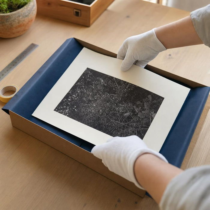 Manos con guantes de algodón colocando una lámina impresa dentro de una caja de cartón forrada de papel azul.