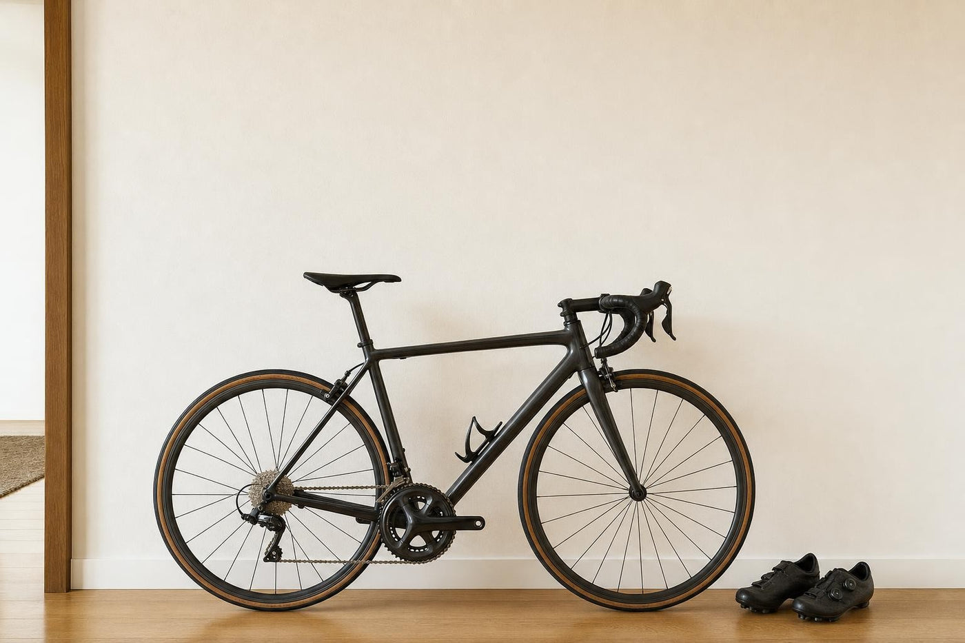 Bicicleta de carretera apoyada en la pared de un recibidor.